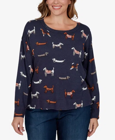 Ruby Rd. Plus Size Ballet Neckline Allover Dog Print Long-sleeve Sweater In Blue