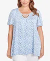Ruby Rd. Plus Size Beaded Macrame Puff Print Top