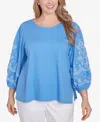 Ruby Rd. Petite Bella Blue Embroidered Three Quarter Sleeve Top In Blue Bird