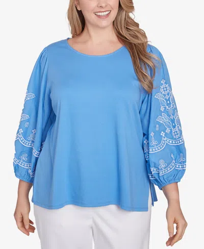 RUBY RD. PLUS SIZE BELLA BLUE EMBROIDERED 3/4 SLEEVE TOP