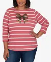Ruby Rd. Plus Size Boat Neck 3/4-sleeve Striped T-shirt In Red