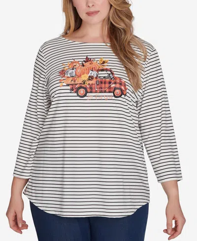 Ruby Rd. Plus Size Boat Neck Fall Y'all Truck Striped Knit Top In Alabaster Multi