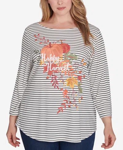 Ruby Rd. Plus Size Boat Neck Happy Harvest Striped Knit Top In Alabaster Multi