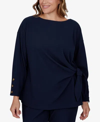 Ruby Rd. Plus Size Boat-neck Long-sleeve Side-tie Top In Blue