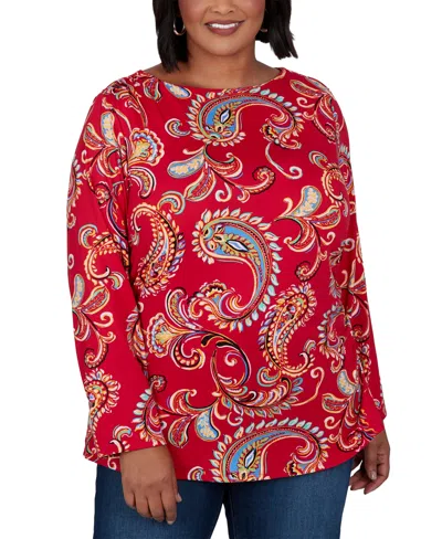Ruby Rd. Plus Size Boat-neck Paisley Long-sleeve Top In Red