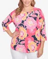 Ruby Rd. Plus Size Bold Poppies Envelope Neck Top In Pink