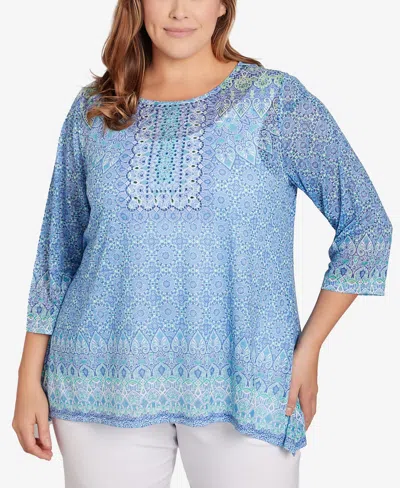 Ruby Rd. Plus Size Burnout Geometric Knit Top In Blue Moon Multi