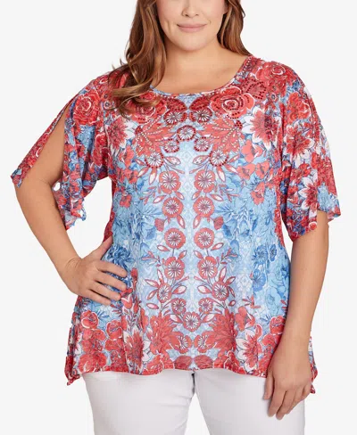 Ruby Rd. Plus Size Burnout Sublimation Mirrored Top In Tomato Multi