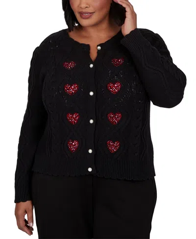 Ruby Rd. Plus Size Cable-knit Crewneck Cardigan In Black