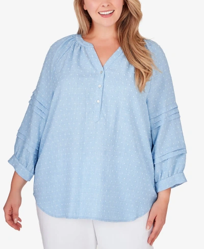 Ruby Rd. Plus Size Chambray Solid Clip Dot Blouse In Light Chambray