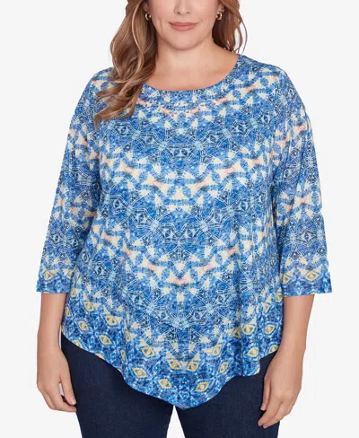 Ruby Rd. Plus Size Chevron Burnout Crew Neck Knit Top In Bluebird Multi