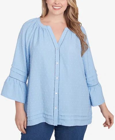 Ruby Rd. Plus Size Clip Dot Button Front Flared Sleeve Top In Light Chambray