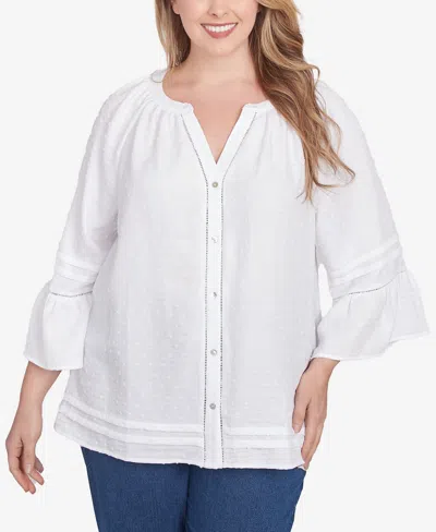 Ruby Rd. Plus Size Clip Dot Button Front Flared Sleeve Top In White