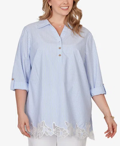 Ruby Rd. Plus Size Coastal Stripe Lace-hem Henley Top In Blue