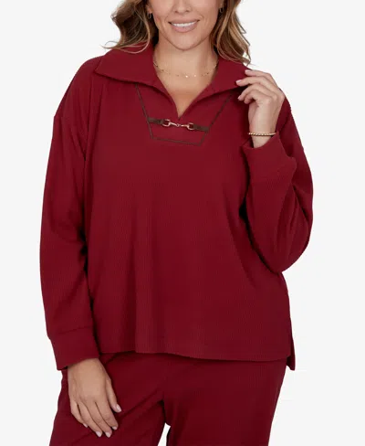 Ruby Rd. Plus Size Collared Long-sleeve Ribbed Top In Red