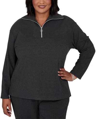 Ruby Rd. Plus Size Collared Quarter-zip Ribbed-knit Top In Black
