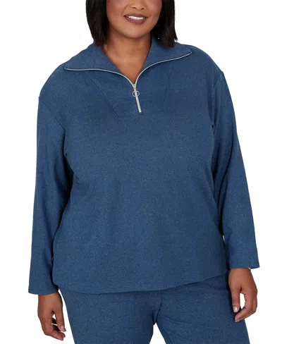 Ruby Rd. Plus Size Collared Quarter-zip Ribbed-knit Top In Dark Blue