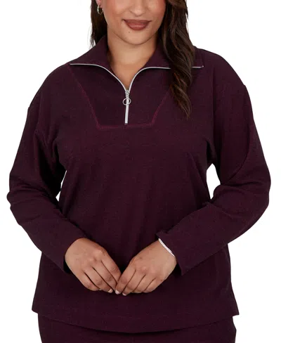 Ruby Rd. Plus Size Collared Quarter-zip Ribbed-knit Top In Burgundy
