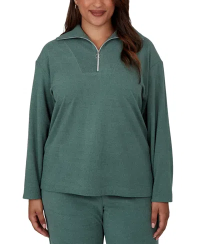 Ruby Rd. Plus Size Collared Quarter-zip Ribbed-knit Top In Green