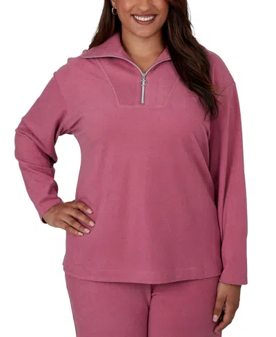 Ruby Rd. Plus Size Collared Quarter-zip Ribbed-knit Top In Pink