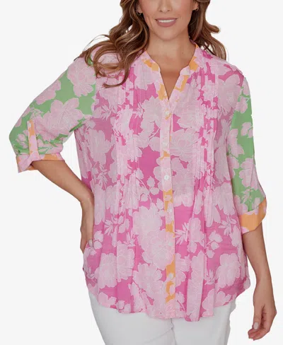 Ruby Rd. Plus Size Color Block Floral Pintuck Gauze Top In Multi