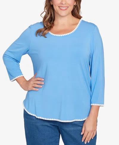 Ruby Rd. Plus Size Contrast Embroidered Solid Knit Top In Blue