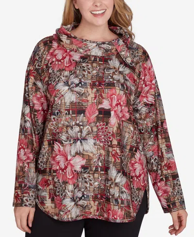 Ruby Rd. Plus Size Cowl Neck Floral Plaid Printed Hatchi Knit Top In Latte Heather Multi