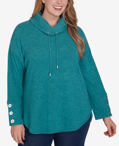 Ruby Rd. Plus Size Cowl Neck Hatchi Knit Top With Drawstring In Blue