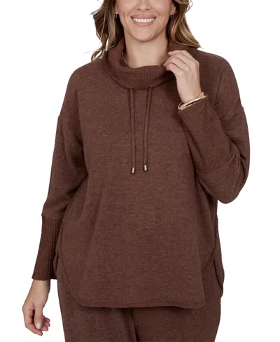 Ruby Rd. Plus Size Cowl-neck Long-sleeve Oversized Top In Brown