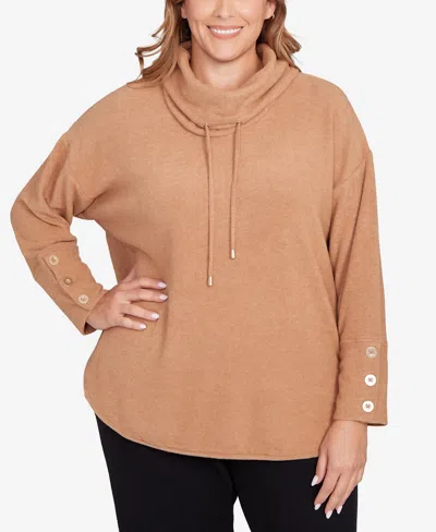 Ruby Rd. Plus Size Cozy Cowl Neck Drawstring Sweater In Brown