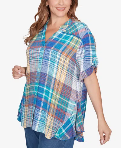 Ruby Rd. Plus Size Crinkle Knit Plaid Button Down Top
