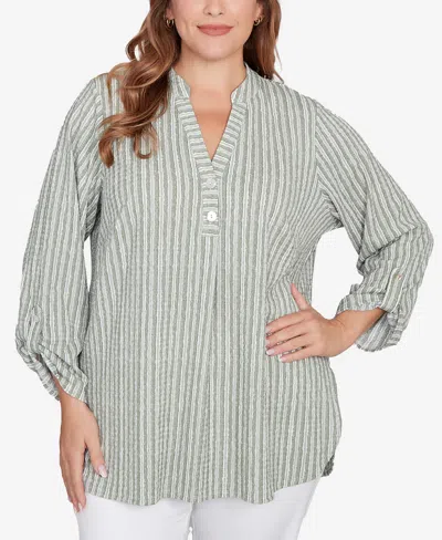 Ruby Rd. Plus Size Crinkle Knit Striped Henley Top In Gold
