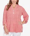 Ruby Rd. Plus Size Crinkle Knit Striped Henley Top In Red
