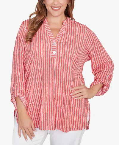Ruby Rd. Plus Size Crinkle Knit Striped Henley Top In Red