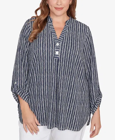 Ruby Rd. Plus Size Crinkle Knit Striped Henley Top In Blue