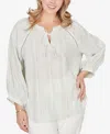 Ruby Rd. Plus Size Crinkle Stripe Tie Front Peasant Top In Gray