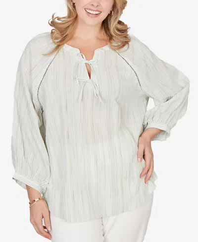 Ruby Rd. Plus Size Crinkle Stripe Tie Front Peasant Top In Gray