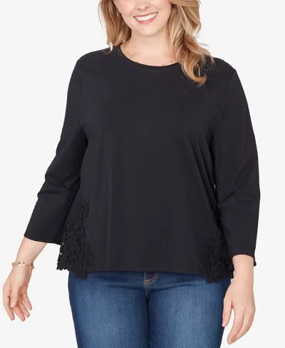 Ruby Rd. Plus Size Crochet Crew Neck Applique Stretch Knit Top In Black