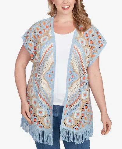 Ruby Rd. Plus Size Crochet Fringe Short Sleeve Cardigan Sweater