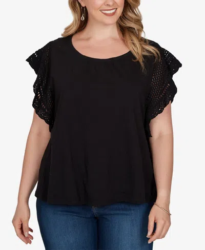 Ruby Rd. Plus Size Crochet Sleeve Solid Cotton T-shirt In Black
