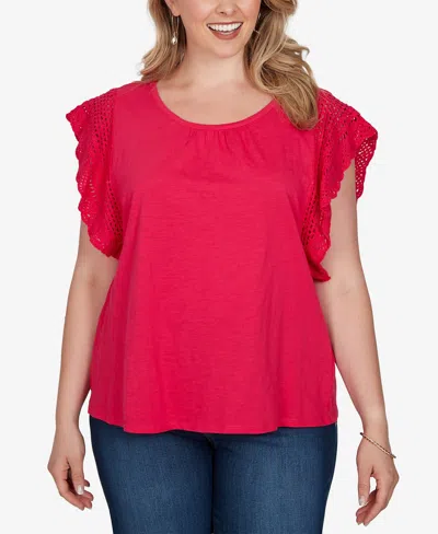 Ruby Rd. Plus Size Crochet Sleeve Solid Cotton T-shirt In Red