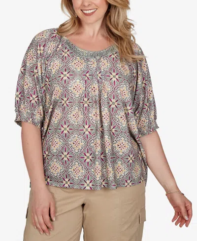 Ruby Rd. Plus Size Desert Geo Print Lace Trim Knit Top In Multi