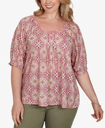 Ruby Rd. Plus Size Desert Geo Print Lace Trim Knit Top In Multi