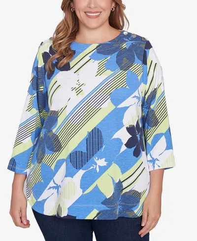 Ruby Rd. Plus Size Diagonal Striped Floral Top In Azure Multi