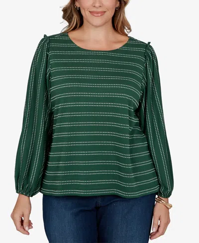 Ruby Rd. Plus Size Dobby Stripe Long-sleeve Boat Neck Blouse In Green