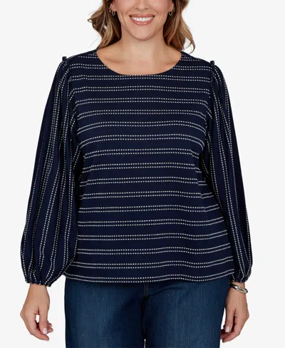 Ruby Rd. Plus Size Dobby Stripe Long-sleeve Boat Neck Blouse In Blue