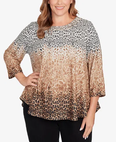 Ruby Rd. Plus Size Embellished Animal Print Cozy Top In Brown
