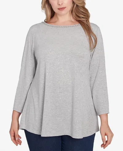 Ruby Rd. Plus Size Embellished Dew Drops Glitter Knit Top In Slate Grey Heather