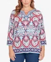 Ruby Rd. Plus Size Embellished Geo Border Knit Top In Red