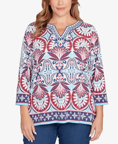 Ruby Rd. Plus Size Embellished Geo Border Knit Top In Red